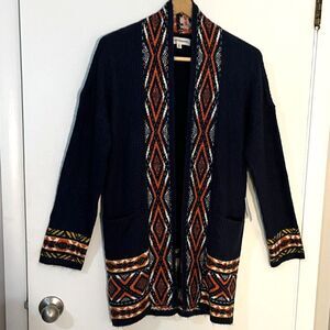 New Lucky Brand Dark Blue Aztec Boho Cardigan Knit Sweater SZM